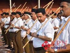Union Minister for Education Pralhad Joshi participated in the Rashtriya Swayamsevak Sangh (RSS) Vijayadashami Path Sanchalan (route march) in Hubballi on Sunday October 25, 2026. -KPN 