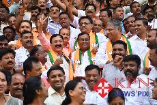 BJP leaders celebrate the victory of NDA candidates in the Legislative Council election in Hubballi on Wednesday. _KPN 